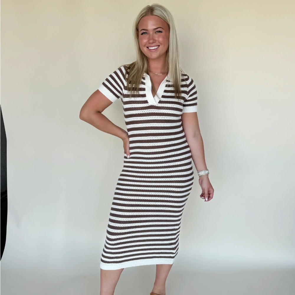 Brown and Cream Striped Midi Dress